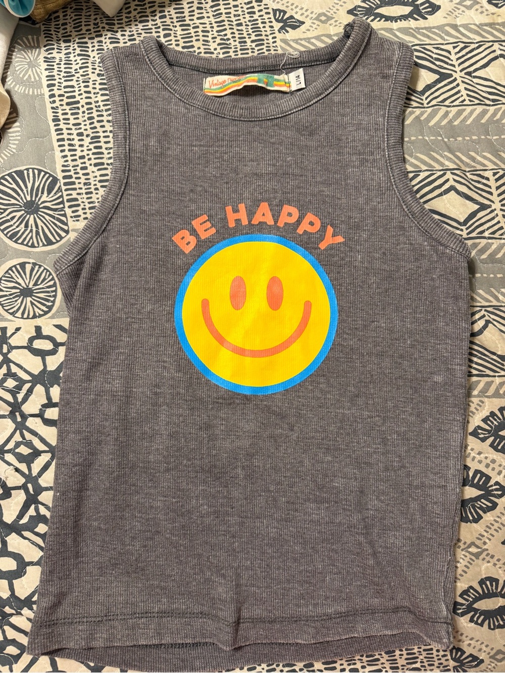 Vintage Havana Be Happy Grey Kids Tank Top with Smiley Graphic